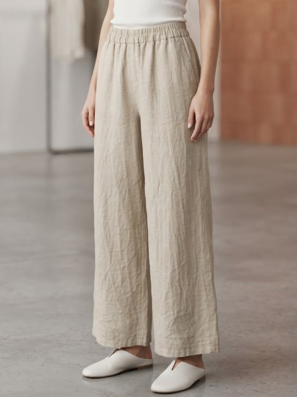 Old Navy High Rise Super Wide Leg Linen Blend Pants Beige Tan Casual Trouser M